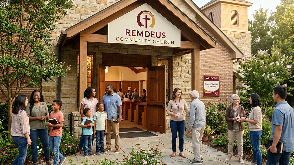 Eye-level view of a church building with a welcoming entrance