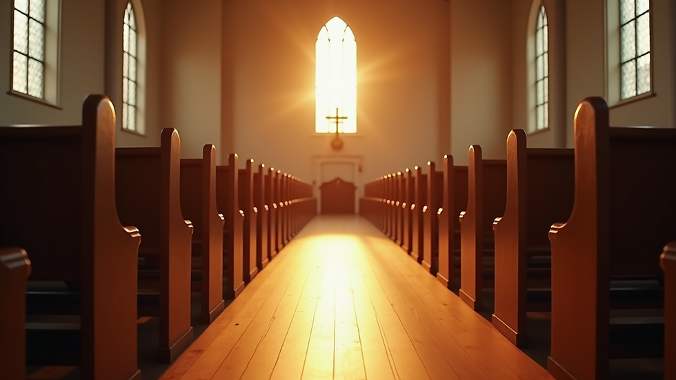 Eye-level view of a church sanctuary with warm lighting and empty pews
