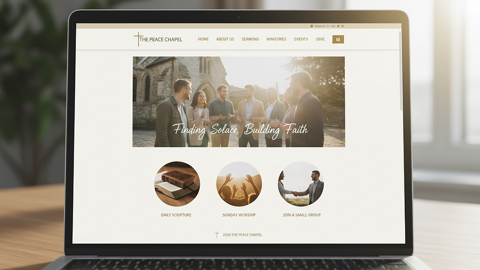 Close-up view of a laptop screen showing a church website homepage