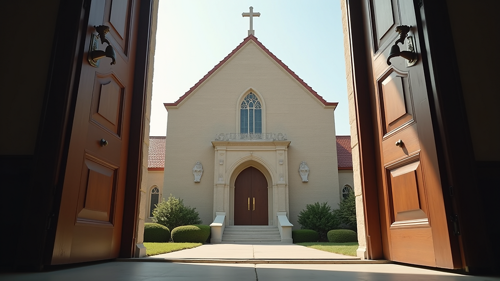 Eye-level view of a church building with a welcoming entrance