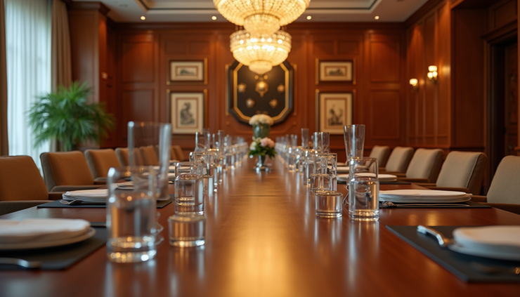 Vista a nivel de ojo de una sala elegante preparada para un evento ejecutivo en LATAM