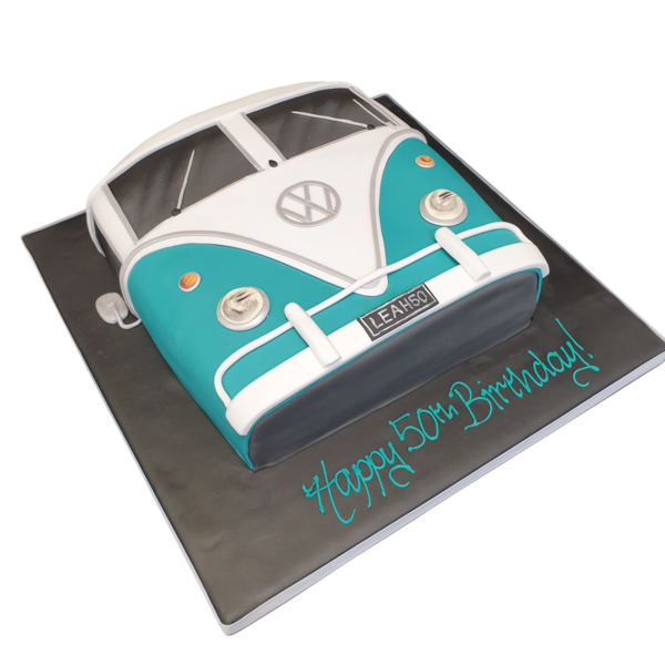 A unique and intricately designed VW Camper Van Front cake, perfect for a themed party or celebration. Handcrafted with attention to detail and creativity.
