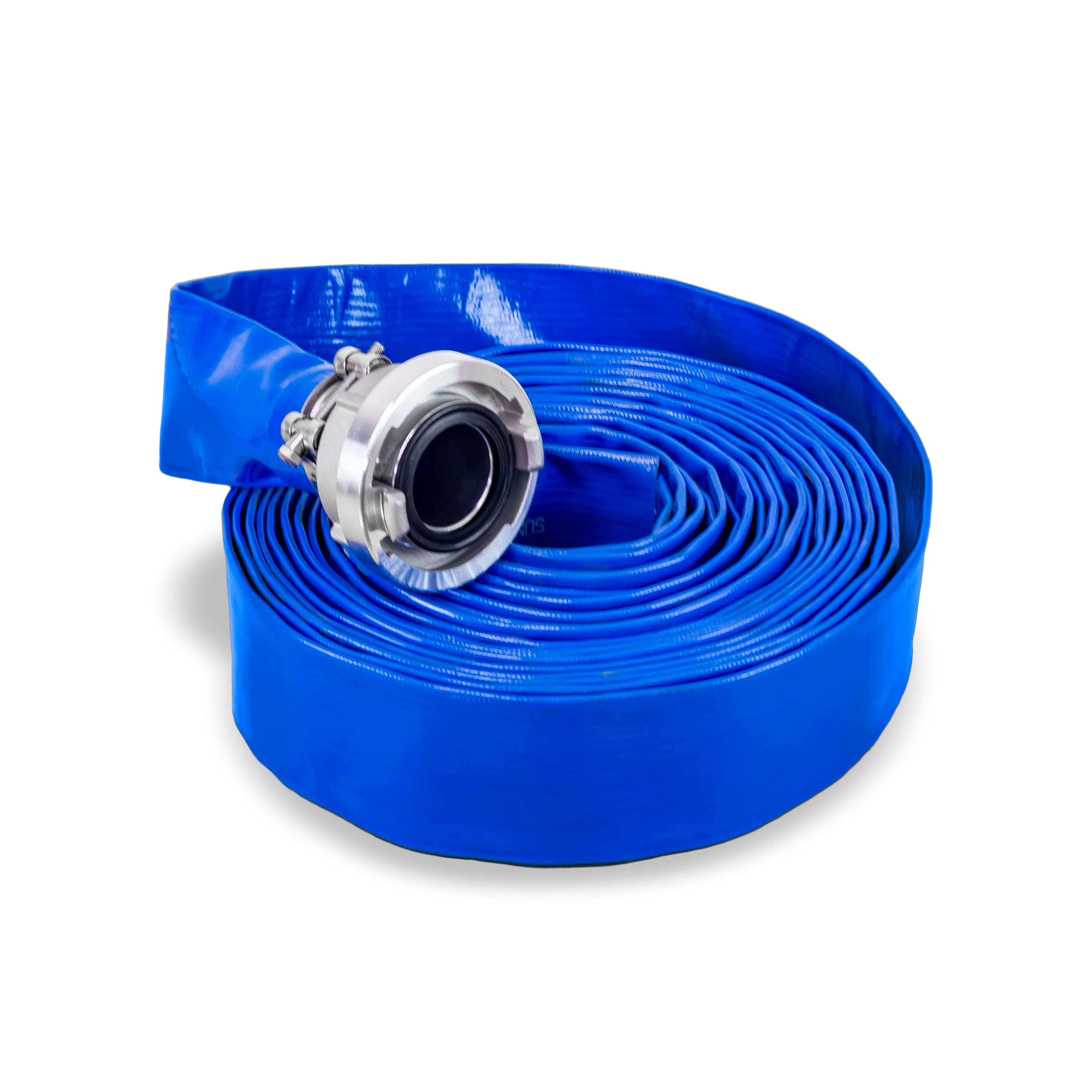 Reinforced flat hose for dewatering and irrigation with high burst resistance with connector
