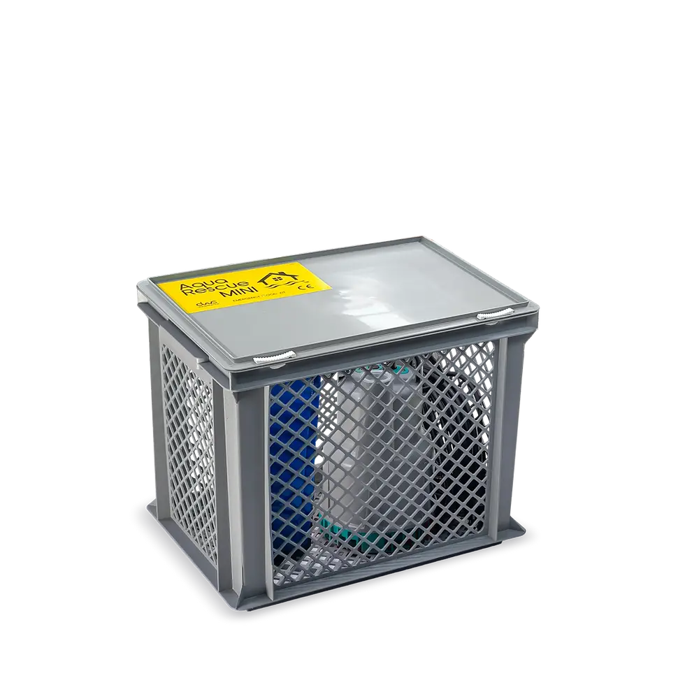 Thumbnail: DWC AQUA RESCUE KIT MINI 1.0 with closed plastic basket lid, containing HYDROPOCKET submersible pump, flexible layflat hose