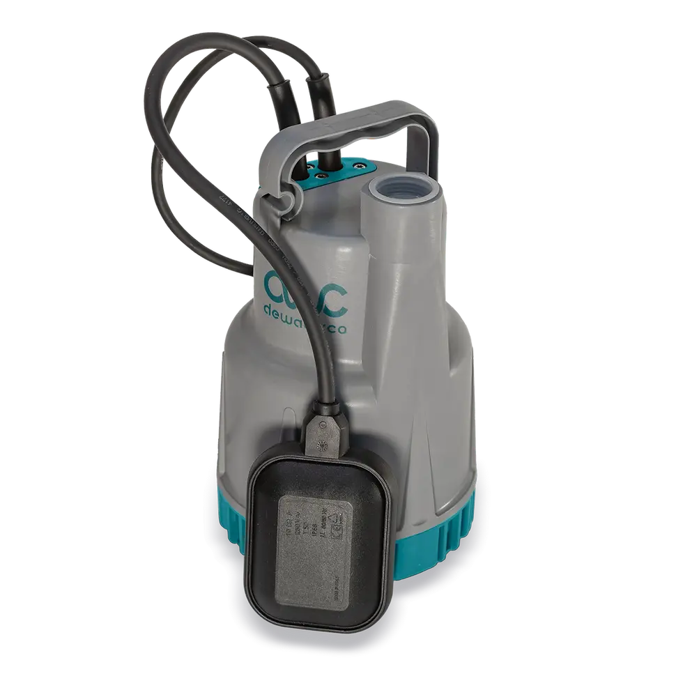 Thumbnail: Dewaterco HYDROPOCKET mini dewatering pump with integrated float switch, corrosion-resistant polypropylene body, design