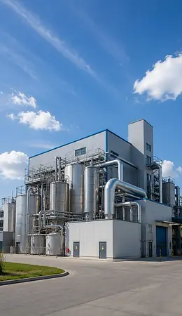 Fabbrica con piazzale e cielo azzurro