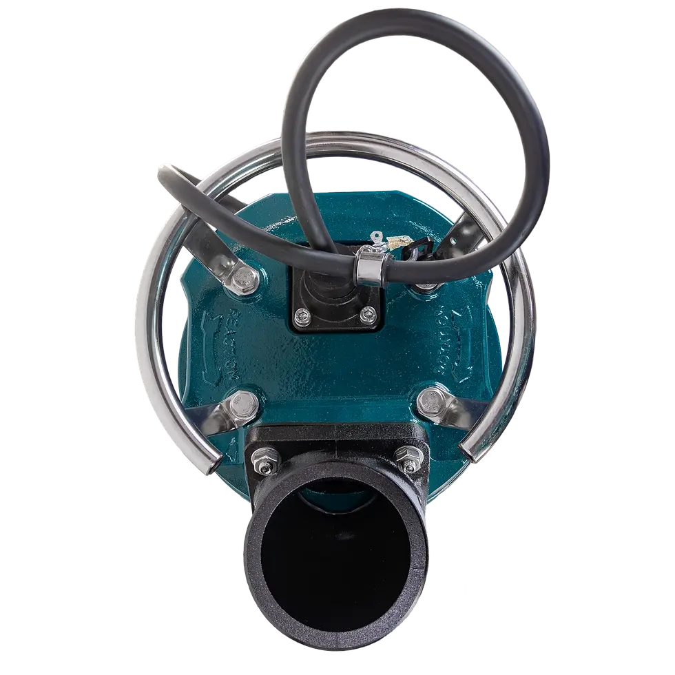 Thumbnail: Top view of HYDROFORCE 150T submersible drainage pump showing discharge outlet, power cable and protective handle rings