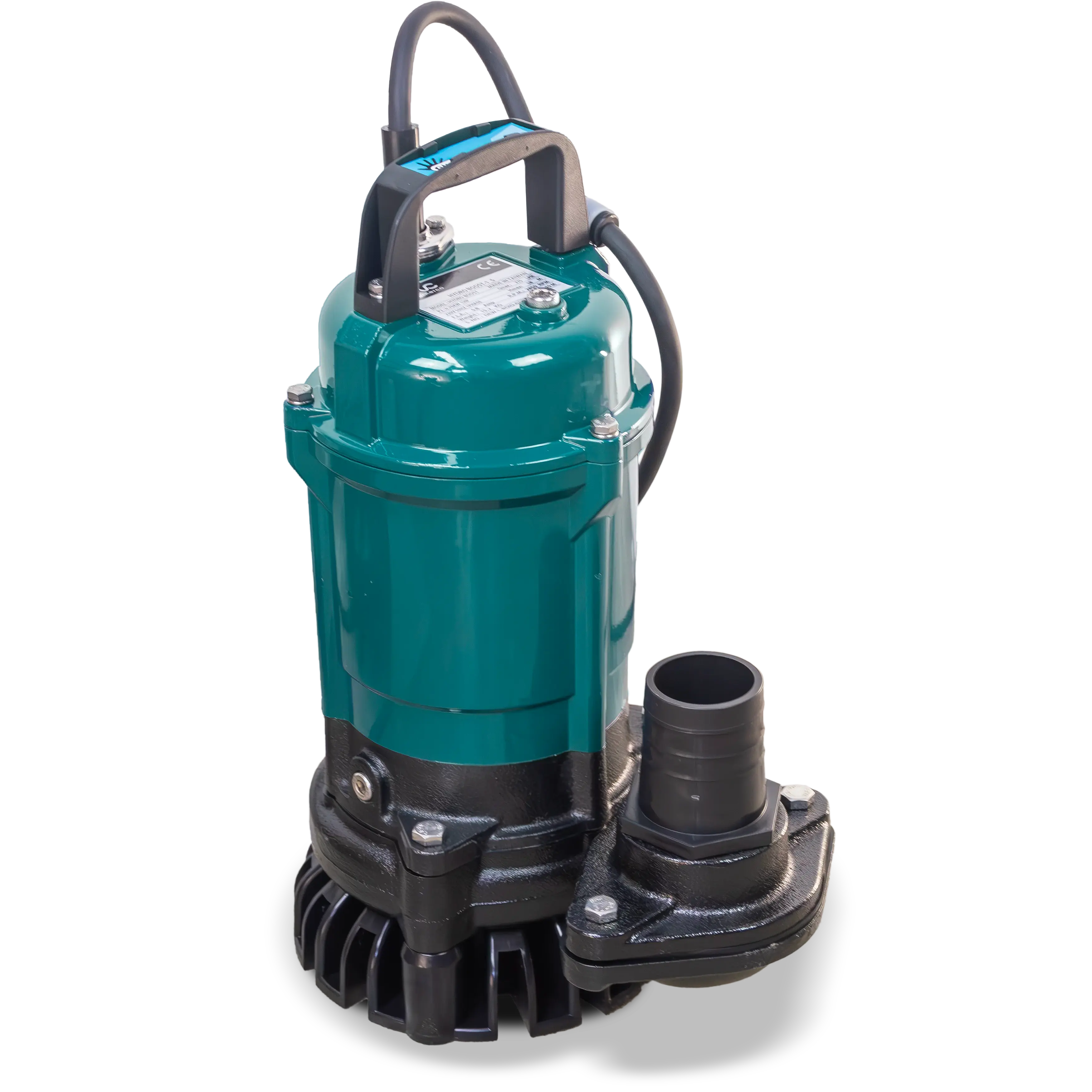 Angled view of HYDROBOOST 1S submersible slurry pump with open impeller, built-in agitator and side outlet