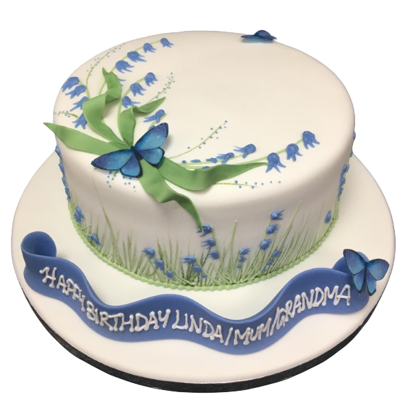 Bespoke celebration cake with bluebell flowers and butterfly decorations in Solihull, West Midlands.