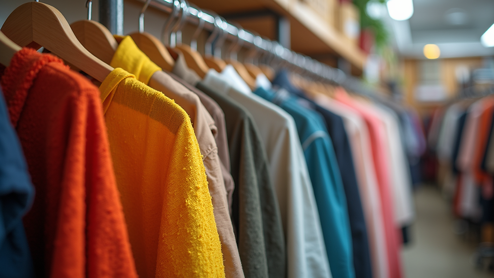 Eye-level view of a vibrant clothing rack showcasing a variety of styles