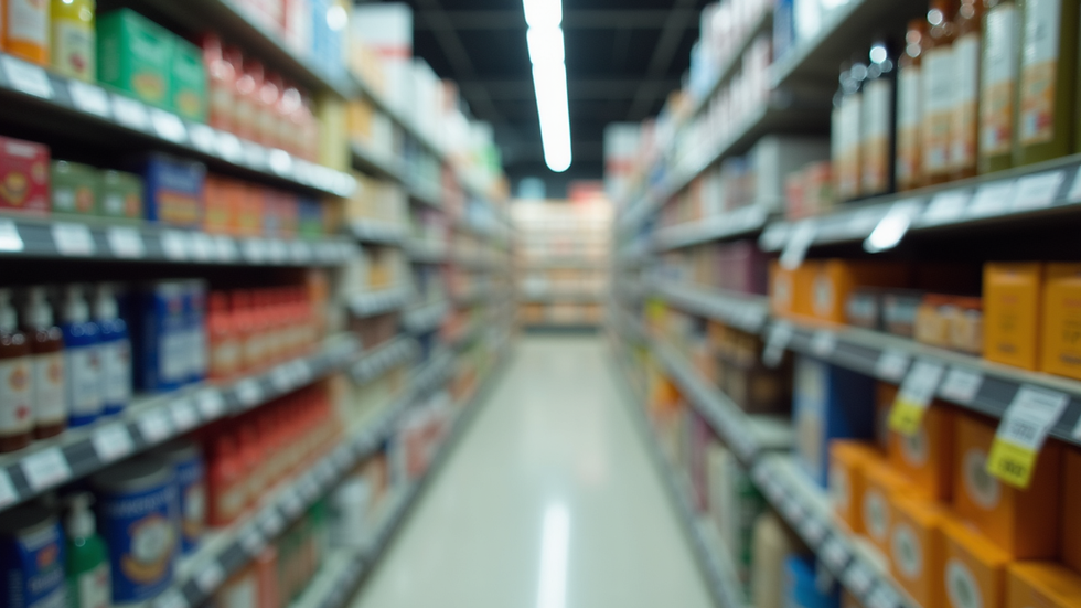 Eye-level view of a retail store shelf with various products and price tags