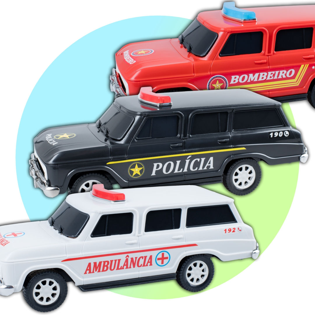 KIT C/3 CARRINHOS REGATE / POLÍCIA / BOMBEIRO / AMBULÂNCIA