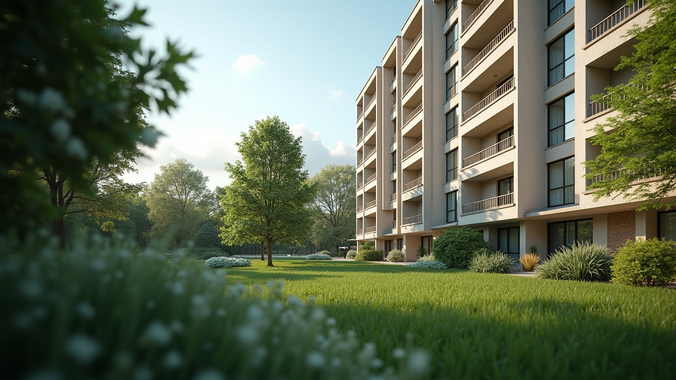 Eye-level view of a modern apartment complex surrounded by greenery
