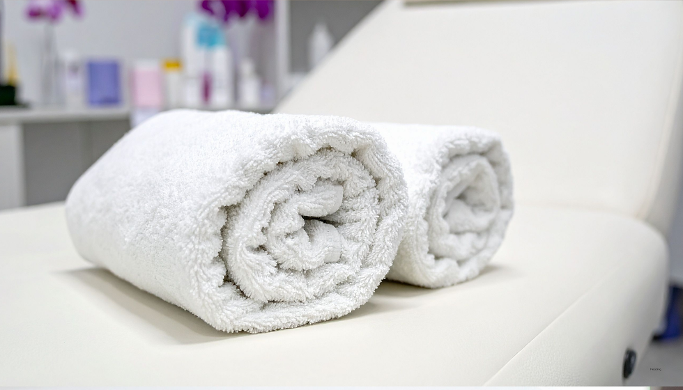 Candles and rolled towels in a spa treatment room.