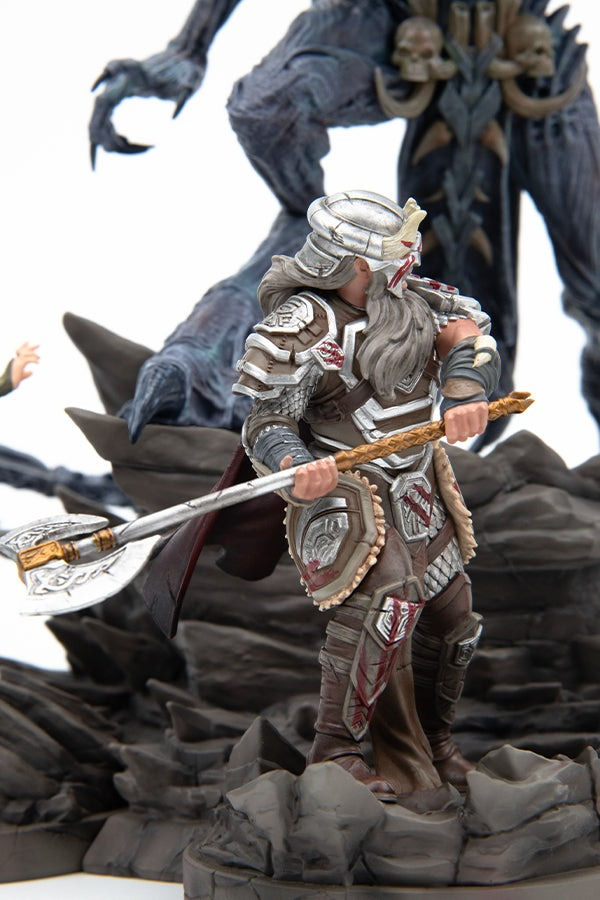 Thumbnail: Side view of the ESO Diorama featuring the Nord dwarf hero in mid-swing with a battle axe against Molag Bal.