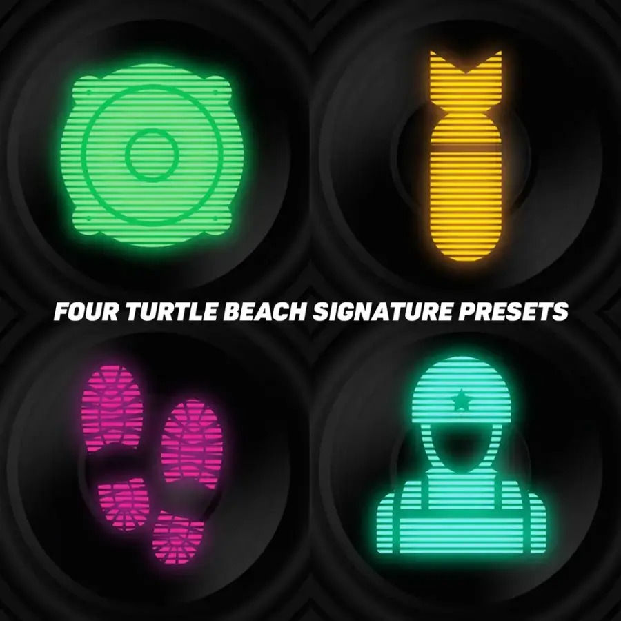 Thumbnail: Four glowing neon icon graphics representing the distinct EQ presets available on the Turtle Beach controller.