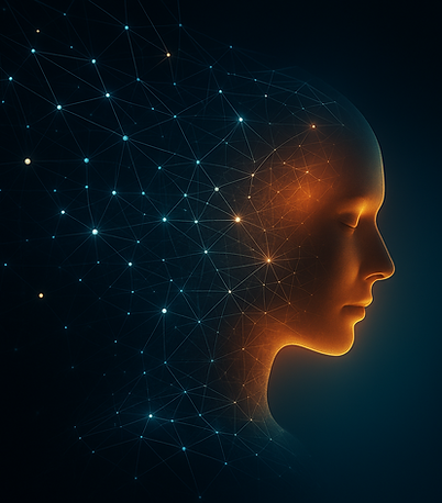 A serene, glowing digital profile of face seamlessly merging into a complex network of interconnected nodes
