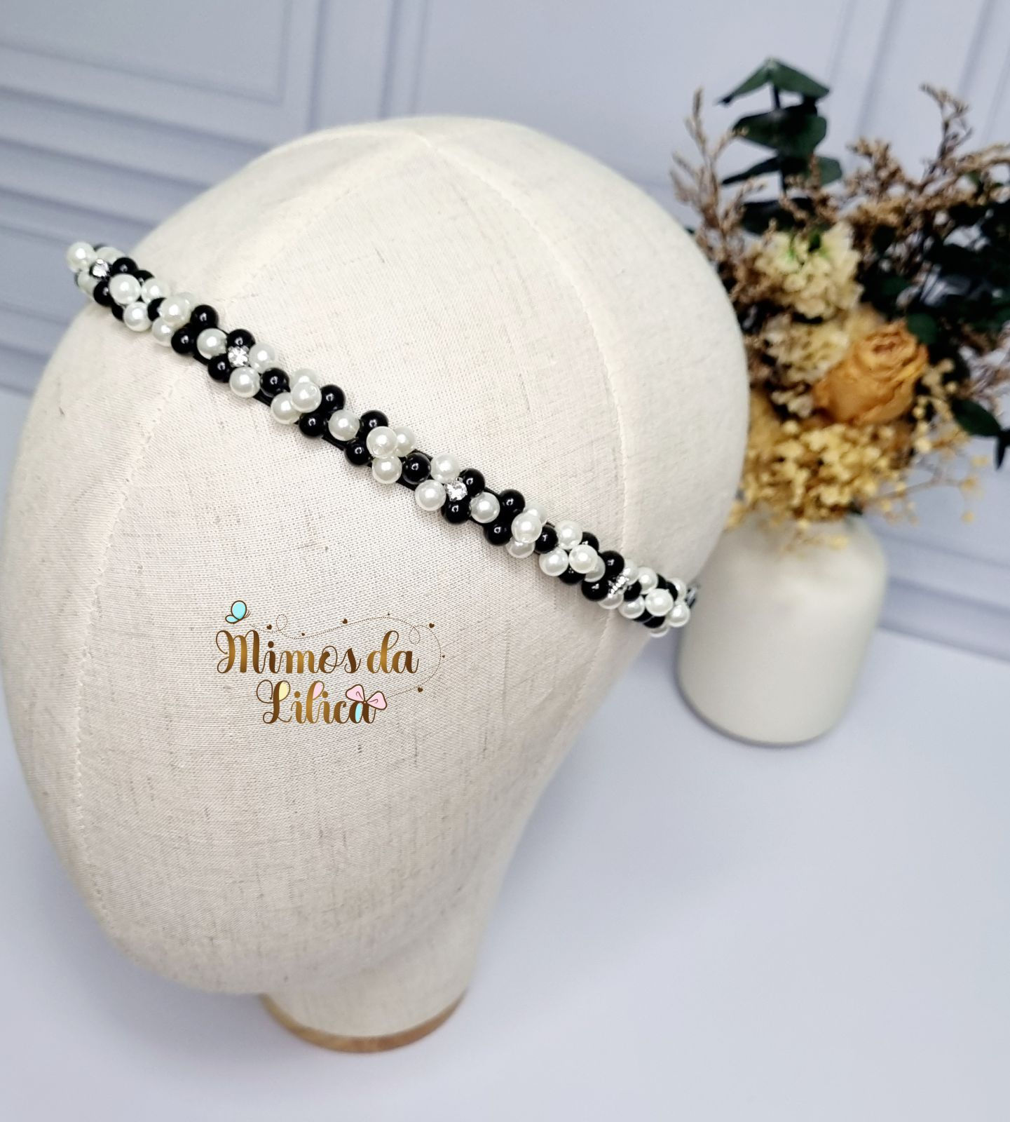 Faixa/tiara Luxo para Bebê Bordada com Pérolas