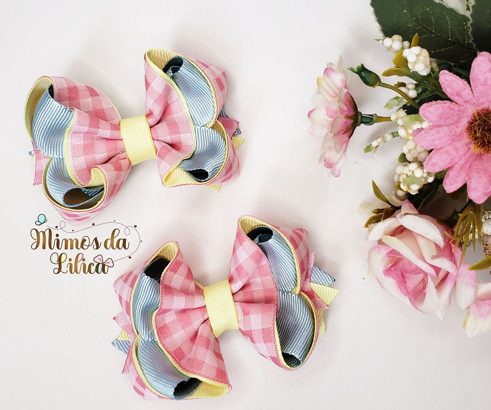 Miniatura: Par Laço Infantil Junino Xadrez Rosa