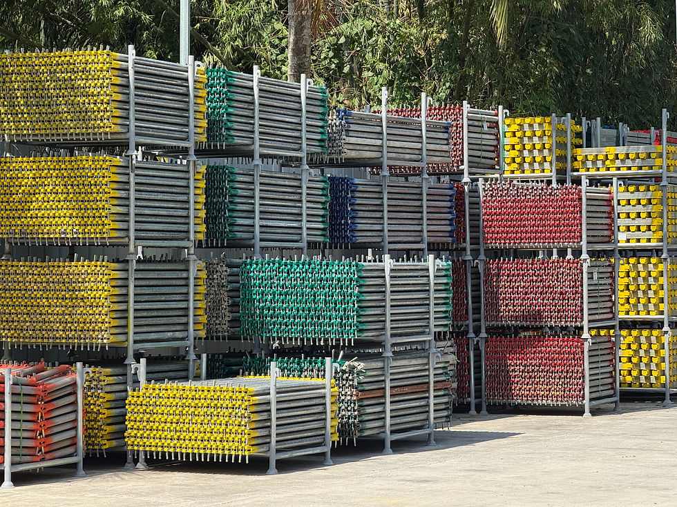 High angle view of scaffolding components neatly stacked in a warehouse