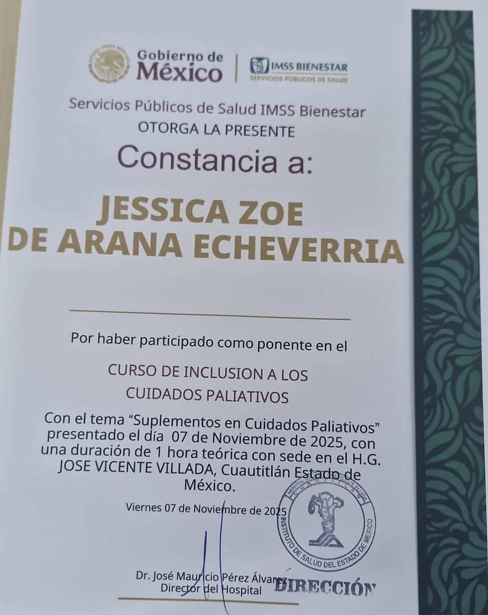 El pasado 7 de noviembre, Biomedics Souls participó como ponente en el curso “Inclusión a los Cuidados Paliativos” en el Hospital General Vicente Villada, respaldado por IMSS Bienestar. Nuestra intervención, liderada por Jessica Zoe Arana Echeverría, abordó el papel de los suplementos como aliados en el bienestar físico, emocional y espiritual de los pacientes.