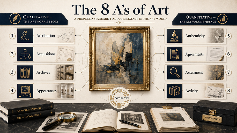 Authentify Art's '8 A's of Art' infographic — 8 categories of artwork authentication evidence, split into story and evidence.