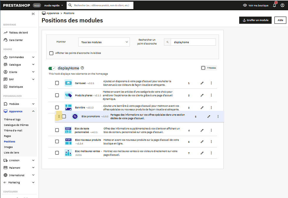 Modifier la position d’affichage des blocs sur la page d’accueil - étape 2