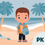 Thumbnail: An illustration of a young boy at the beach wearing a backpack for the Summer 2024 Rising Pre-K packet. 