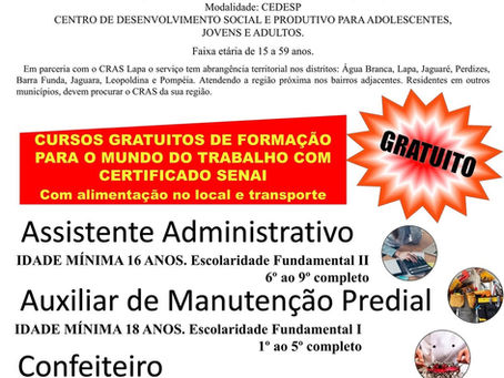 Cursos Profissionalizantes gratuitos no CEDESP Santo Antônio!
