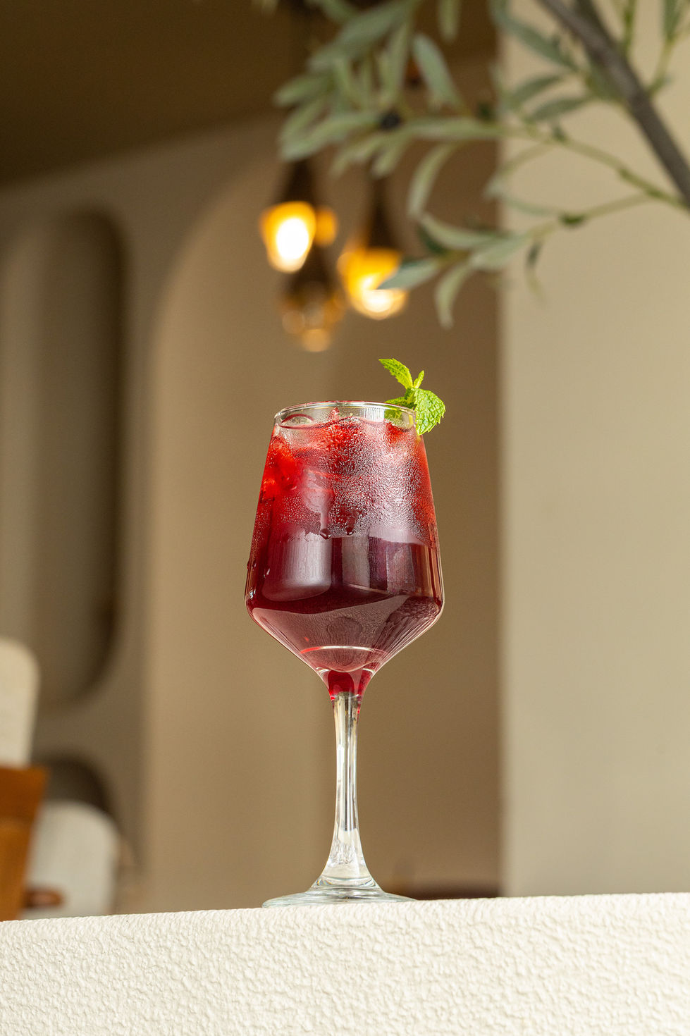 Red drink in a wine glass with mint.
