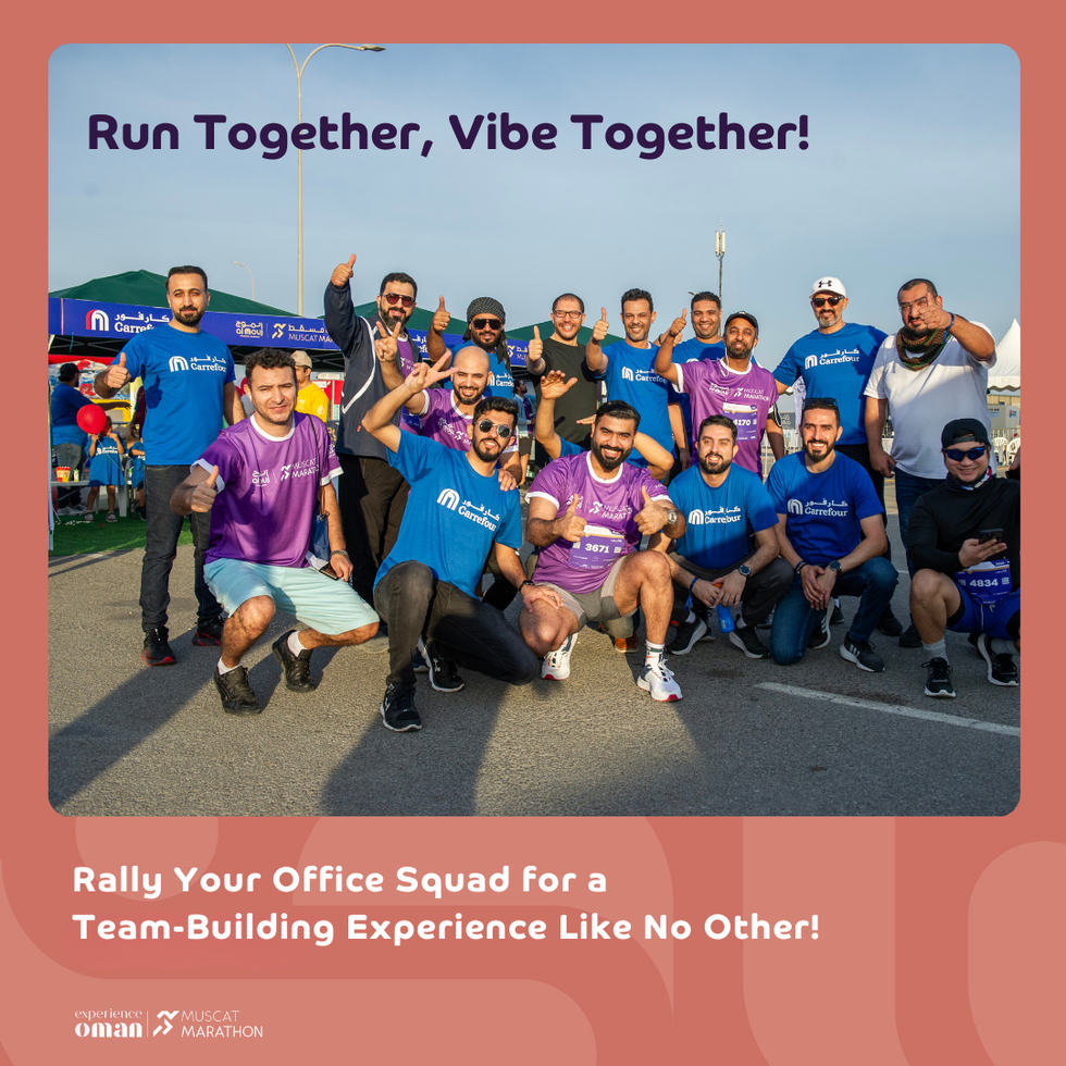 Group of people posing after a team-building run.
