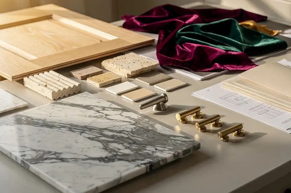 Interior design materials and fixtures displayed for budget planning, showing marble, wood, hardware, and fabric samples for cost estimation