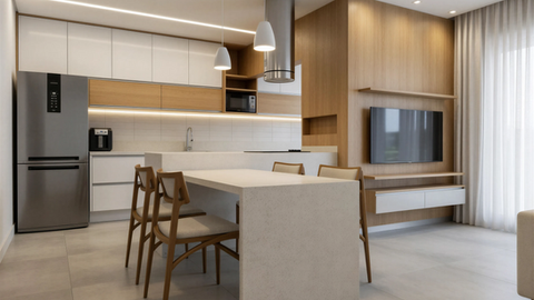 O projeto consiste na reforma do apartamento com a integração entre cozinha e sala, realizada por meio da retirada da parede divisória, ampliando a sensação de espaço e convivência.
A pedido dos proprietários, a composição privilegia a combinação de branco e madeira, criando um ambiente leve, acolhedor e atemporal, com equilíbrio entre luminosidade e aconchego.