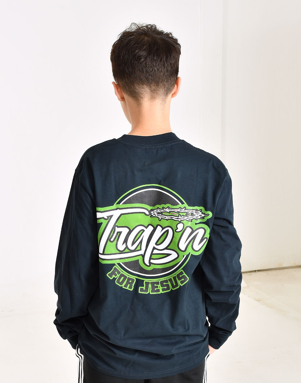Thumbnail: Navy blue and green long sleeve t-shirt front and back