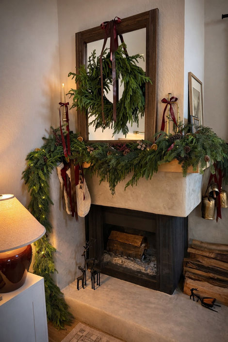 Christmas evergreen fireplace mantel decor truckee