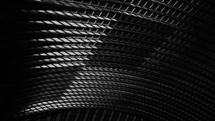 Curved, ribbed ceiling with dramatic shadows in black and white. The pattern creates a moody, abstract architectural effect.