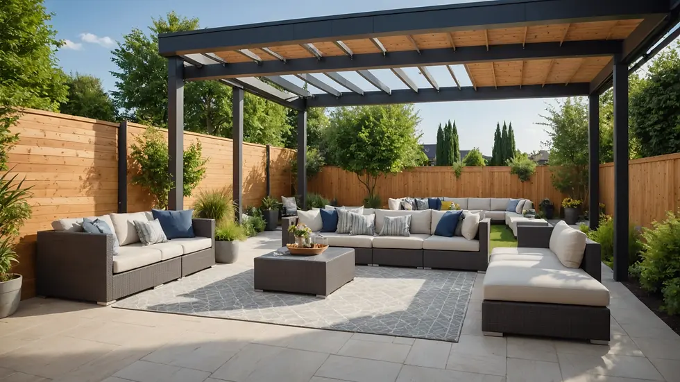 Wide angle view of an outdoor living area with a modern patio and garden