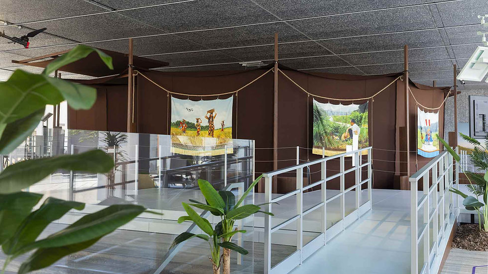 Indoor exhibition space with brown fabric walls displaying vibrant banners depicting agricultural scenes. White ramps and green plants create a calm atmosphere.