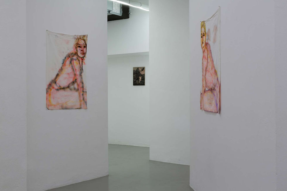 Installation view exhibition Io è un altro. Ph Claudia Ponzi, courtesy Finestreria Art Gallery | Above: Altrove - Giulia Apice | Below: Corpo a corpo (dyptych) - Giulia Apice.