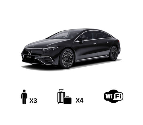 Eco friendly Mercedes EQS electric chauffeur car in London, ideal for airport transfers