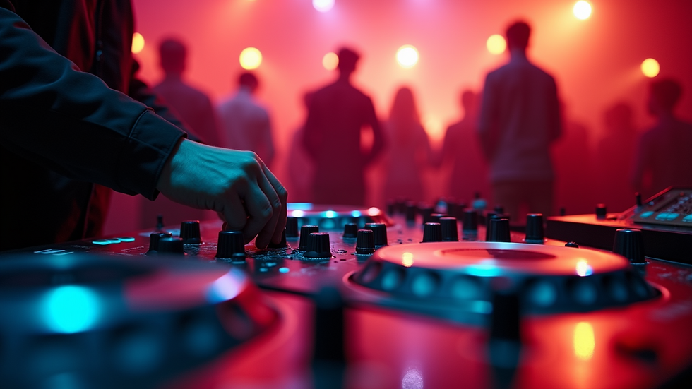 Close-up view of a DJ mixing music at a lively party
