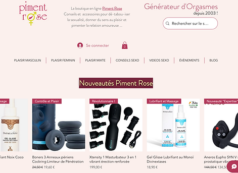 Capture de la boutique en ligne Piment Rose présentant des accessoires et produits autour du bien-être intime, du plaisir et de la sexualité positive dans une interface élégante aux tons rose poudré.