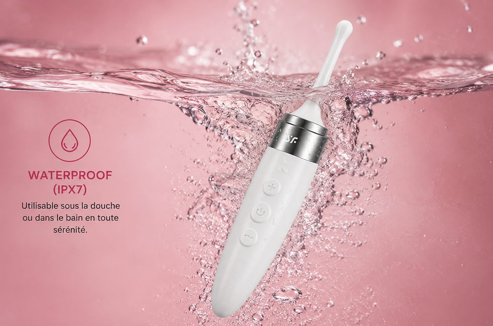 Satisfyer Twirling Delight waterproof IPX7 plongé dans l'eau avec effet d'éclaboussures.