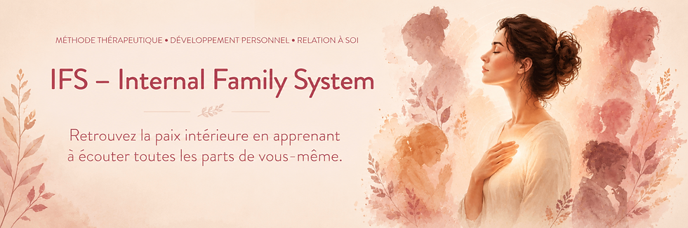 Illustration de la thérapie IFS (Internal Family Systems) représentant une femme en connexion avec ses différentes parts intérieures, symbole de guérison émotionnelle, de développement personnel et d'harmonie intérieure