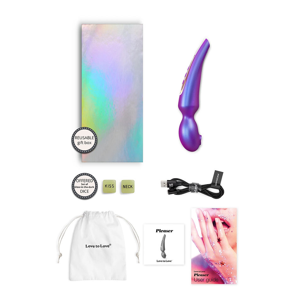 Miniature : Contenu du Pleaser Wand Vibro Tapping Techno avec chargeurs, pochette et packaging aux couleurs violet et holographique