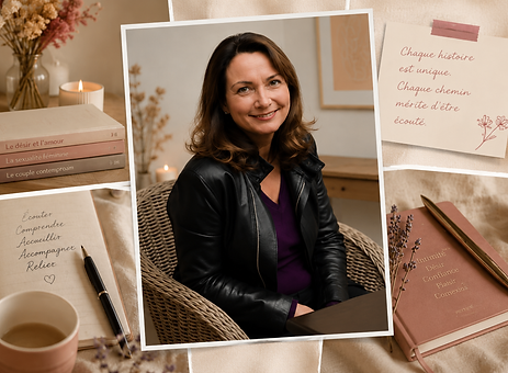 Collage chaleureux et élégant autour de l’univers thérapeutique de Nathalie Giraud Desforges, mêlant portrait, carnets, citations inspirantes et ambiance cocooning autour de l’écoute, du désir, du couple et du bien-être relationnel.