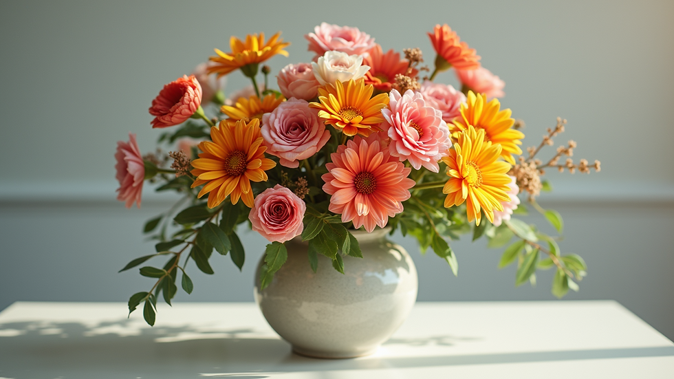 Eye-level view of a vibrant flower arrangement in a stylish vase