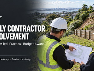 wo civil construction professionals reviewing plans beside a retaining wall on an Auckland hillside.