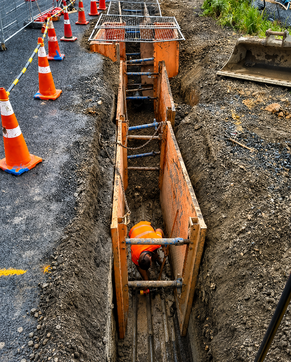 Site health and safety including trench shields, PPE and surrounded by safety road cones