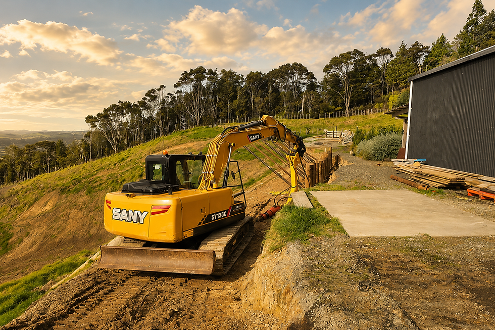 Excavator working on a large steep slip, installing timber posts into the ground for a retaining wall
